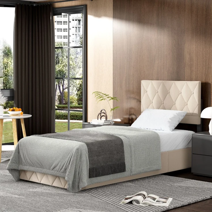 Polsterbett aus Kunstleder mit Aufbewahrungsbox & Lattenrost, ohne Matratze, 90x200 cm, Beige – Bild 9