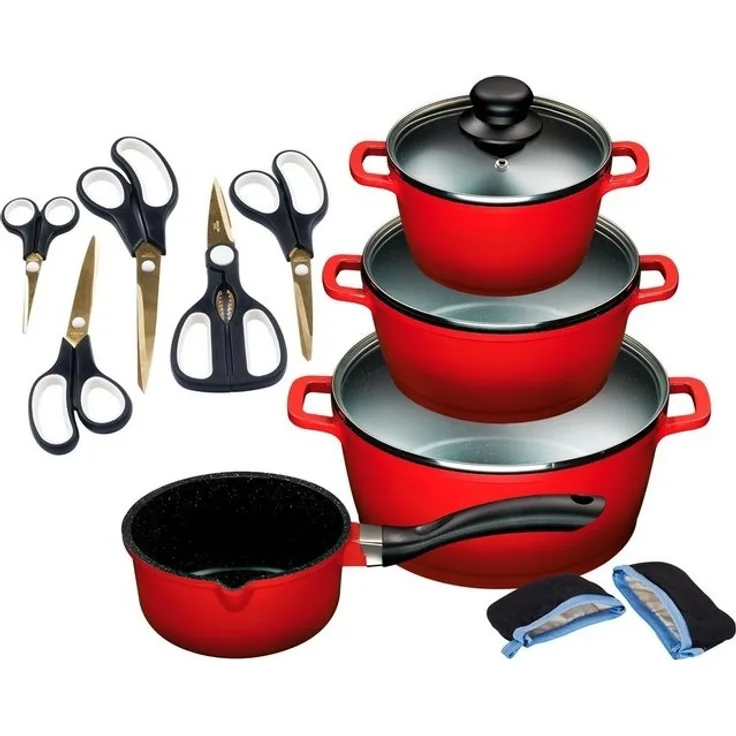 KING Topf-Set ALUGUSS, Aluminiumguss (Set, 14-tlg, je 1 Kochtopf 16/20/24 cm, 1 Stieltopf 16 cm, Scheren-Set, Grips), Deckel Silikonrand,Antihaft-Beschichtung,Induktion
