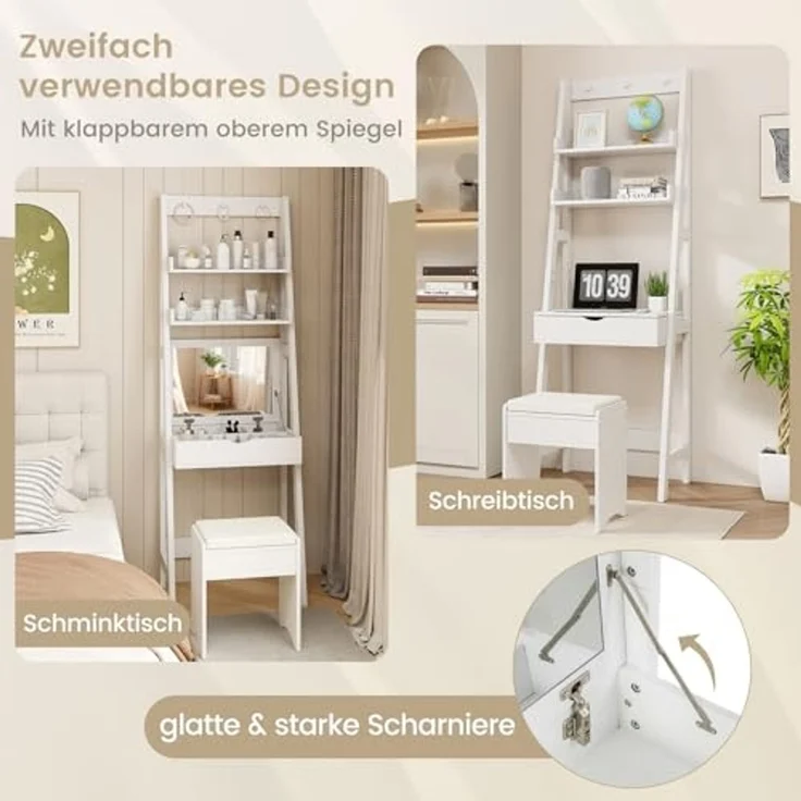 COSTWAY 3 in 1 Schminktisch & Leiterregal & Schreibtisch mit Klappspiegel und 3 Haken, Frisiertisch mit 2 Ablagen und 6 Fächern, Makeup Tisch mit Hocker, Kosmetiktisch weiß – Bild 4