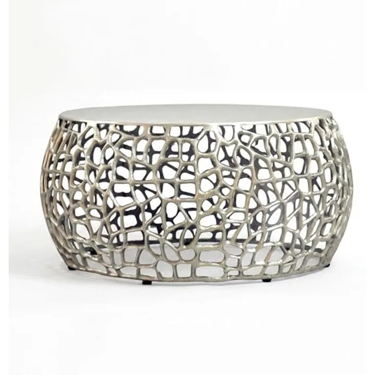 FINEBUY Couchtisch FB116656 Metall Silber Sofatisch Ø 66 cm Tisch Wohnzimmertisch Rund (60 cm Silber, Beistelltisch Metall Modern Rund), Metalltisch mit Ast-Struktur, Tisch Modern