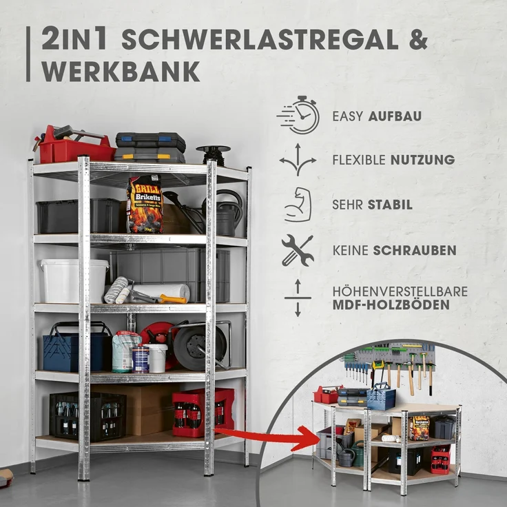 EASYmaxx Schwerlastregal Eckregal 180x90x40 cm, 1-tlg, 875 kg Traglast, 175 kg pro Ebene, Regal und Werkbank – Bild 2