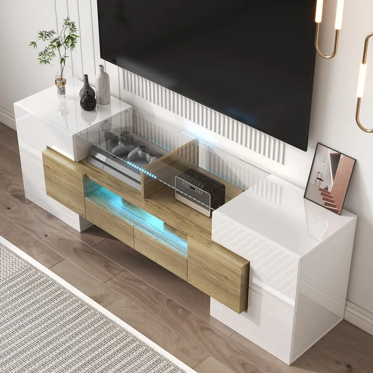 TV-Schrank 145 cm Hochglanzweiß und Holz mit LED-Beleuchtung, 6 Türen, 2 Schubladen, 3 offene Fächer – Bild 2