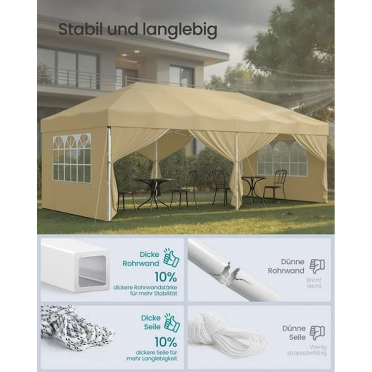 SONGMICS Faltzelt 6 x 3 m, mit Seitenwänden, stabil, tragbar, Pavillon für Garten, Hof, Party, Sonnenschutz, beige – Bild 3