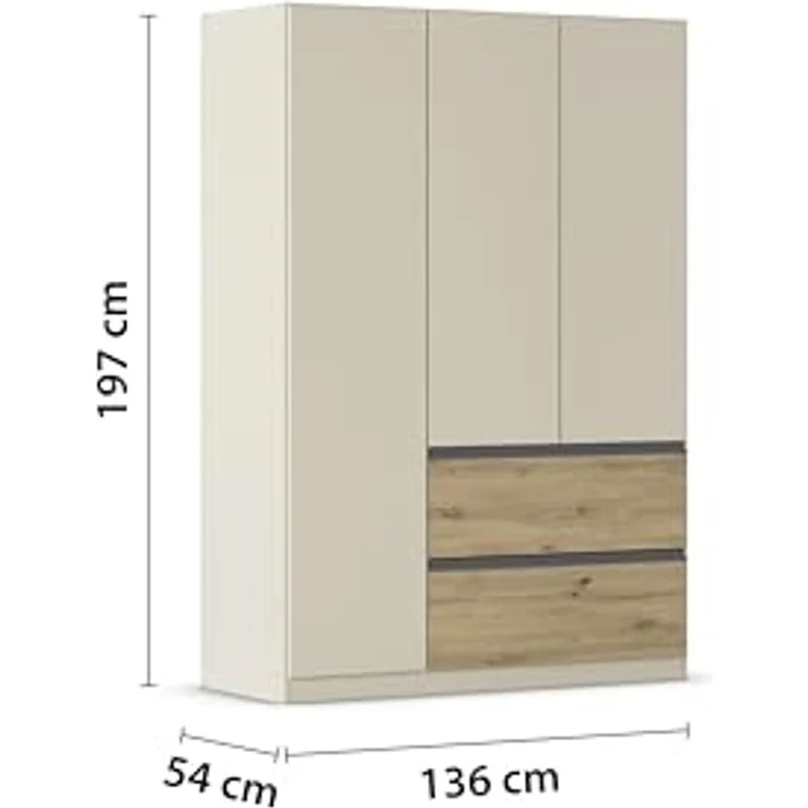Rauch Möbel Costa, Kleiderschrank für Schlafzimmer, Kinderzimmer, Babyzimmer, Garderobe, Flur, 3-türig, 2 Schubladen, Push-to-Open, mit Zubehör Premium, Farbe Beige/Eiche Artisan, Holz, Breite 136 cm – Bild 3