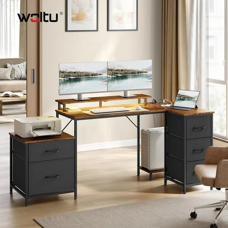 Woltu Eckschreibtisch, Schreibtisch L Form 180x80cm mit 5 Schubladen 2 Ablagen&Steckdosen LED – Bild 2
