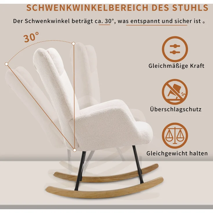 Schaukelstuhl mit Hocker aus Lammfell-Optik, Massivholzrahmen, integrierter Kopfstütze, gemütlicher Relaxstuhl – Bild 7
