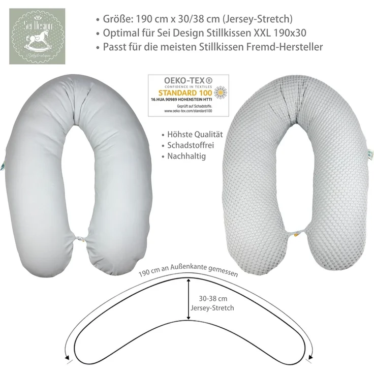 sei Design Stillkissenbezug 100% Baumwolle passend für Stillkissen XXL, Bezug für Schwangerschaftskissen, Seitenschläferkissen 190x30 cm, mit Reißverschluss, waschbar und Schadstoffgeprüft – Bild 3