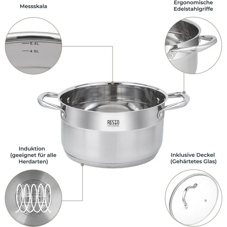 RESTO Kitchenware Kochtopf Rigel, Topf spülmaschinenfest, Edelstahl 18/10 (2-tlg), mit hitzebeständigem Glasdeckel, im Geschenkkarton – Bild 4