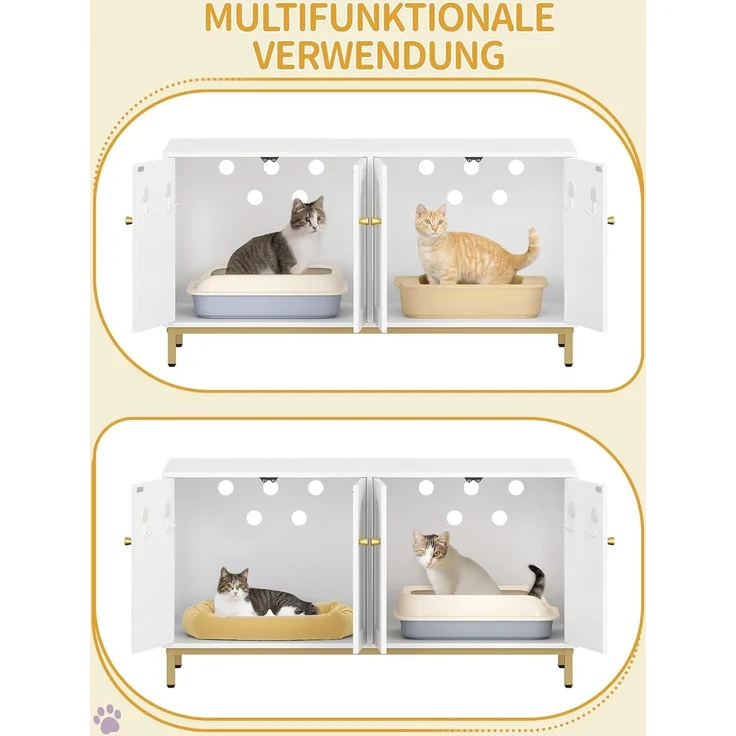 Katzenschrank für 2 Katzen, 119cm Versteckte Katzentoilettenmöbel, Hölzernes Haustierhaus, Aufbewahrungsschrankbank, Passend für die Meisten Katzentoilettenkä, Weiß und Gold – Bild 7