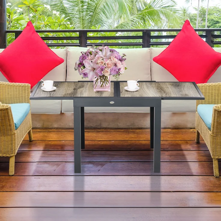 Ausziehbarer Gartentisch für 6 Personen aus Kunststoff und Aluminium, 80/160 x 80 x 75 cm, beige – Bild 4