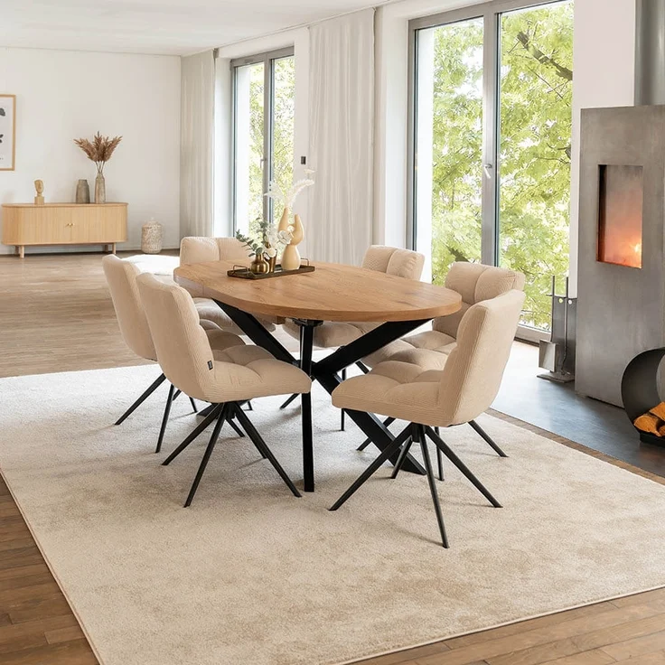 HOME DELUXE Essgruppe Oval Ausziehbar inkl. Sternfuß - 160 x 100 cm Light Oak 6 Stühle Creme – Bild 1