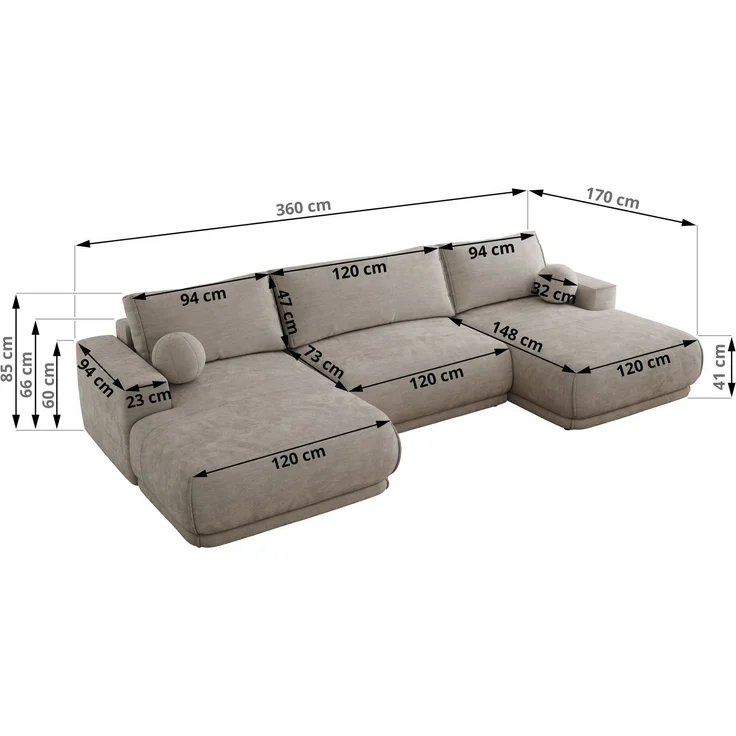 XXL Wohnlandschaft RINA U-Form 360 cm breit, Sofa mit Schlaffunktion & DL-Mechanismus, Wellenfederung, modern freistehend - Hellgrau Schenille glatt – Bild 7