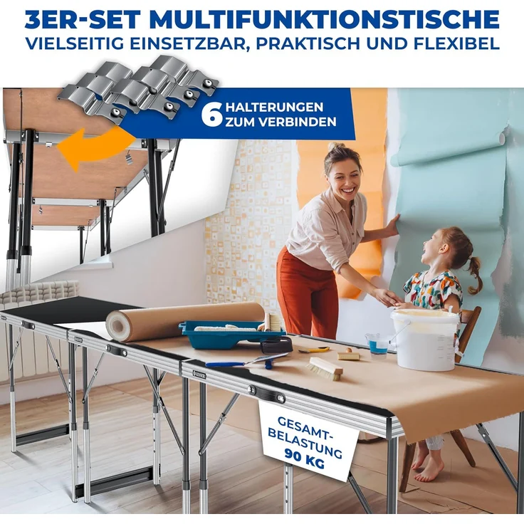 KESSER® Multifunktionstisch Profi 3- teilig, 100 x 60 cm, Tapeziertisch 30kg Tragkraft je Tisch Mit Ausziehfunktion Klapptisch Flohmarktisch Beistelltisch Mehrzwecktisch Campingtisch höhenverstellbar Schwarz – Bild 7