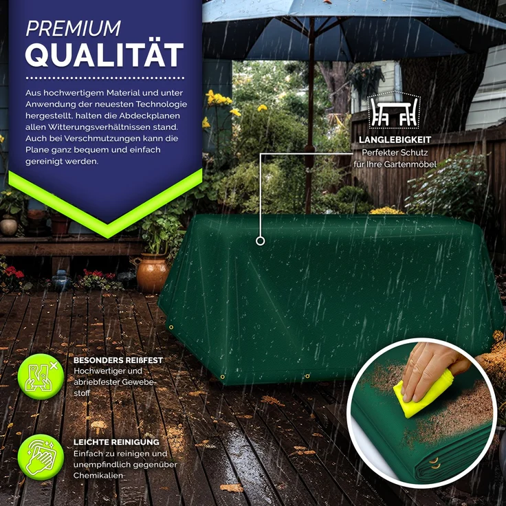 tillvex® Abdeckplane Grün 3x4 m mit Ösen + 10 Haken & 15m Seil | Gewebeplane 650g/m² Wasserdicht & Reißfest | Premium PVC-Plane Universell LKW, Pool, Holz Gartenmöbel | Gartenplane Abdeckung – Bild 5