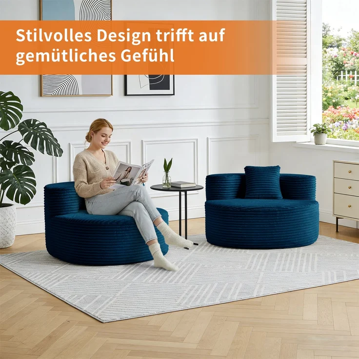 Großer Cord-Sitzsack-Sessel mit Zierkissen, weich gepolsterter Loungesitz 112 cm ohne Montage für Wohn- und Schlafzimmer, Blau – Bild 15