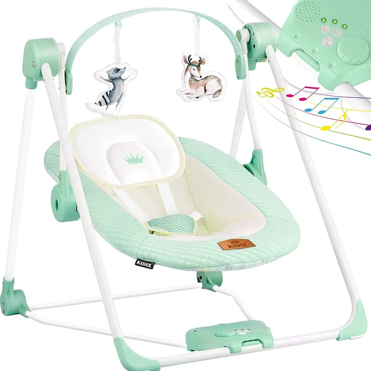 KIDIZ® Babywippe Babyschaukel mit 5 Geschwindigkeitseinstellungen zusammenklappbarer Baby Wippe Schaukel Babyhochstuhl mit Spielbogen Spielzeugen 5 beruhigende Naturgeräusche, Mint Grün