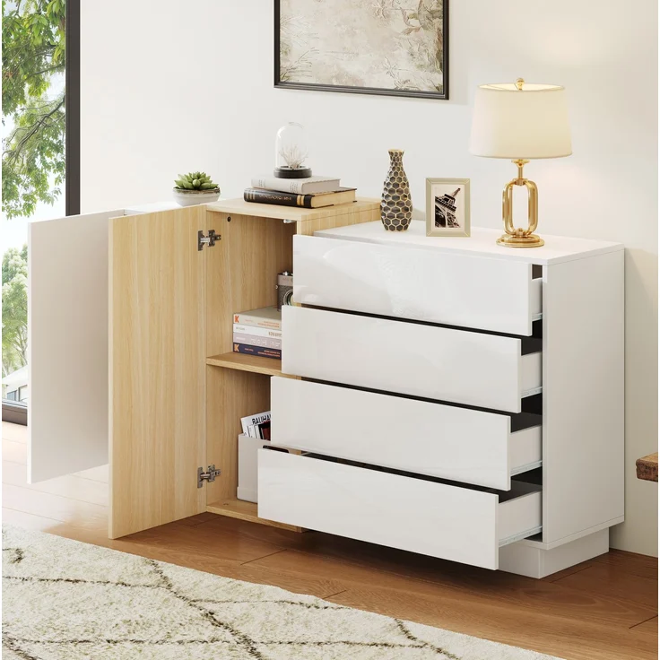 DESVIAE Sideboard mit 4 Schubladen und 2 Türen, 140x76,5x35 cm, MDF, Weiß hochglänzend – Bild 2