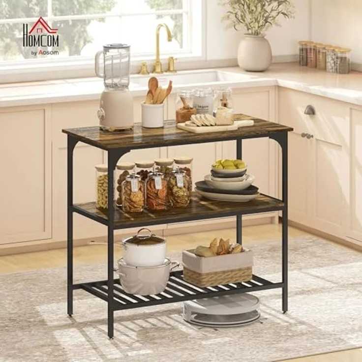 HOMCOM Küchenregal Industrielles Bäckerregal mit großer Arbeitsplatte, Stahlrahmen, 3-stufiges Standregal 1-tlg, für Esszimmer, Küche, Wohnzimmer, 100 x 50 x 90 cm, Rustikal-Braun – Bild 2