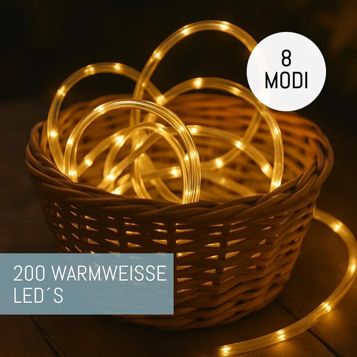 COZY HOME LED-Lichterkette Schlauch LED Stecker & Solar -, 200 LED I 8 Modi & Timer I 12m I Lichtschlauch I Outdoor – Bild 6