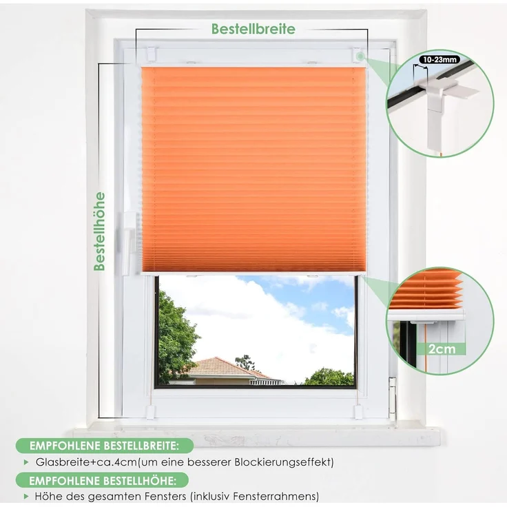 bobodeco Plissee ohne Bohren Klemmfix Faltrollo Jalousie Orange 80x130 cm (BxH), Plisseerollo Sichtschutz und Sonnenschutz Blickdicht Easyfix lichtdurchlässig Rollo für Fenster & Tür – Bild 6