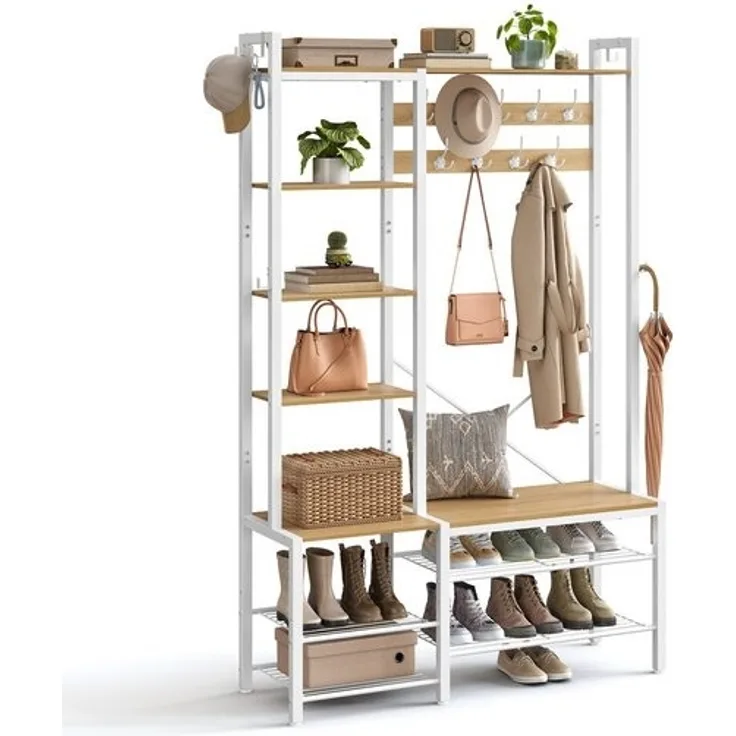 VASAGLE Garderobenständer mit Schuhbank, Garderobe, 5 Regalebenen aus Spanplatten, 9 Dreifach-Haken, 6 seitliche Haken, 40 x 120 x 190 cm, goldeichenfarben-wolkenweiß HSRDE426Y01