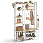 VASAGLE Garderobenständer mit Schuhbank, Garderobe, 5 Regalebenen aus Spanplatten, 9 Dreifach-Haken, 6 seitliche Haken, 40 x 120 x 190 cm, goldeichenfarben-wolkenweiß HSRDE426Y01