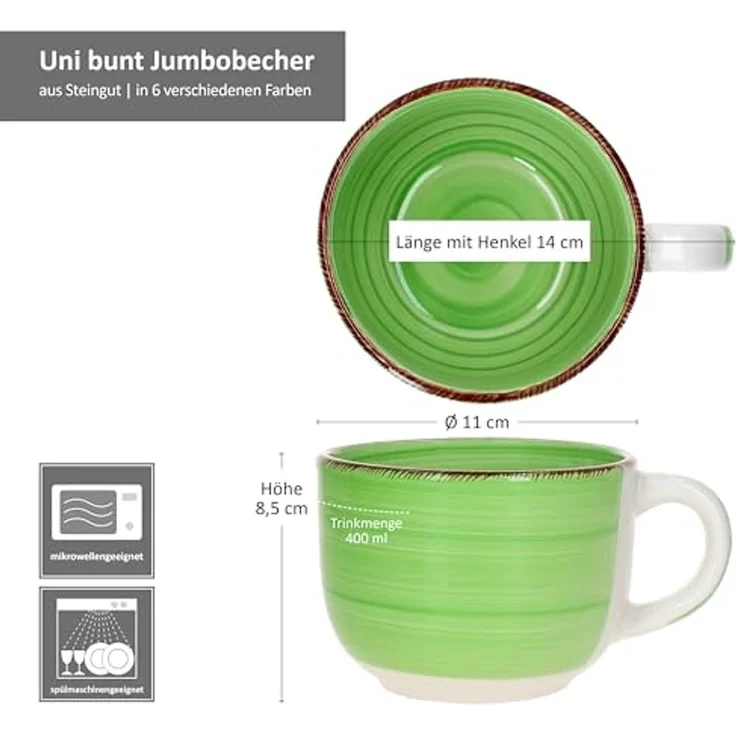 MamboCat Becher 6er Set Uni Jumbotasse 400ml 6 Personen bunte XL-Becher Kakao Kaffee, Steingut – Bild 6