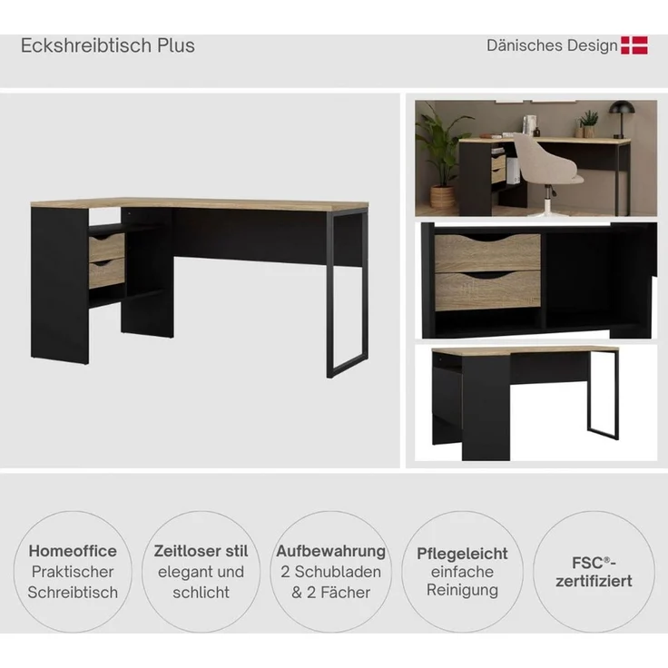 Home affaire Eckschreibtisch Plus, Schreibtisch mit vielen Stauraummöglichkeiten, Gestell aus Metall – Bild 3