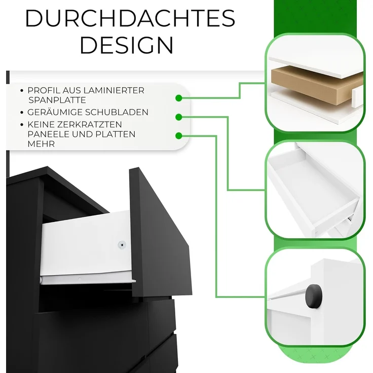 CDF Kommode Schwarz mit 6 Schubladen 40 cm Tief Komodenschrank Komode für Wohnzimmer Schlafzimmer Schubladenschrank Malm Kommode viel Stauraum Geeignet Organizer Kleidung 138 cm Breite Modern Look – Bild 4