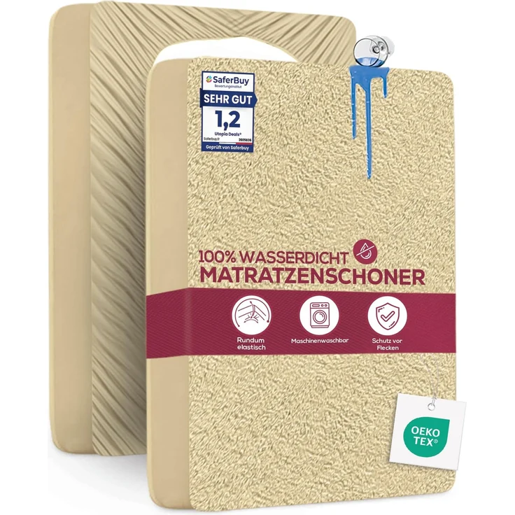 Utopia Bedding Matratzenschoner 180 x 200 x 40 cm Wasserdicht, Oeko-TEX Zertifiziert Matratzenauflage Atmungsaktive, Matratzenschutz, Rundum Elastisch Beige