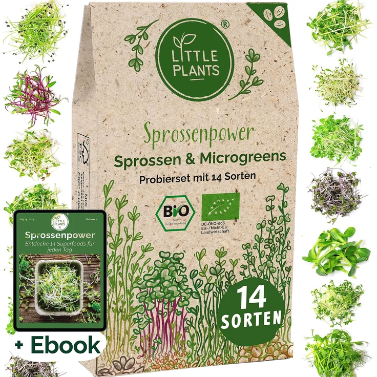 Sprossen Samen Microgreens Starter Set BIO - 14 Sorten BIO Sprossen zum selber züchten Microgreens Samen und Keimsprossen Keimsaat - Probierset für Sprossenglas & Kressesieb (inkl. Ebook) – Bild 1