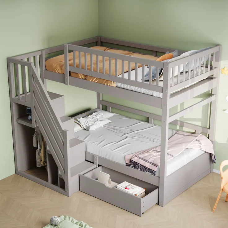 Etagenbett Kinderbett Jugendbett, aus Massivholz, mit hohem Sicherheitsgitter, Lattenrost, Sicherheitsleiter mit Stauraum, Stauschubladen, Holz, grau, 90 x 200 cm