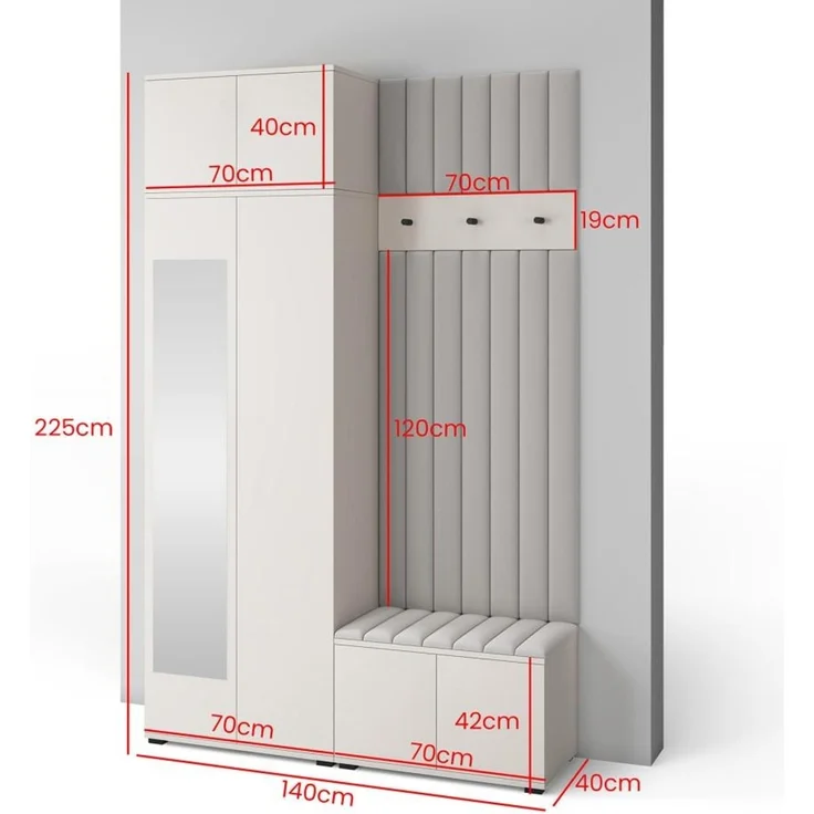 Garderoben-Set Napoli Version 14: Kleiderschrank mit Polsterpaneelen, Schuhschrank Flur und Eingangsbereich (Cashmere/Trinity 02), 229 x 40 x 140 cm – Bild 2
