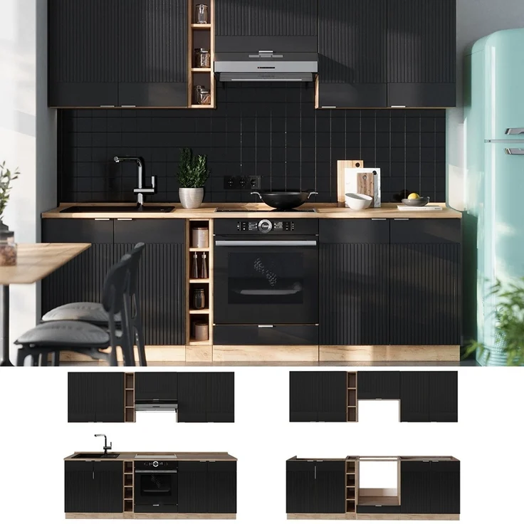 Küchenzeile Fame-Line Schwarz gestreift/Goldkraft Eiche 235 cm ohne Arbeitsplatte Vicco – Bild 2