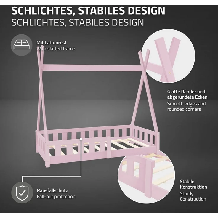 ML-DESIGN Spielbett Hausbett Tipi Zeltbett inkl. Lattenrost Bodenbett Kinder Himmelbett, Abenteuerbett mit Rausfallschutz Zelt Bett Kiefer Rosa Kinderhaus – Bild 4