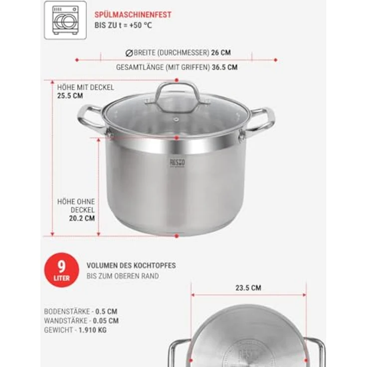 RESTO Kitchenware Kochtopf Libra, Topf energiesparend und spülmaschinenfest, Edelstahl 18/10 (2-tlg), mit hitzebeständigem Glasdeckel und Griffen – Bild 4