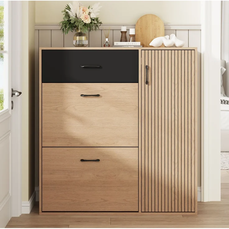 DESVIAE Garderobenschrank Schuhschrank Naturholz/Schwarz aus MDF/Spanplatte – 100x106x35 cm – 2 Schuhklappen – Bild 2