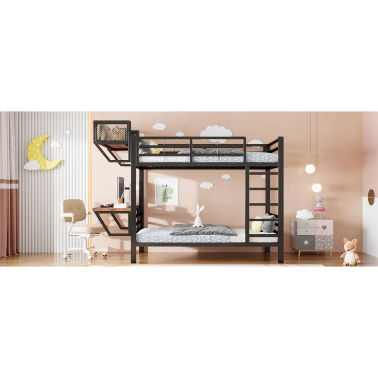 ZUBALIYA Metall-Etagenbett (90 x 200 cm) mit Schreibtisch und Ablagefächern, Lattenrost, platzsparendes Hochbett für Kinder, Jugendliche und Erwachsene, Schwarz – Bild 17