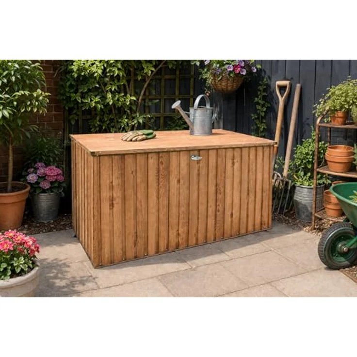 Duramax DH 1.9 (1450 L) Kissenbox aus Metall mit hydraulischer Gasdruckfeder und Vorhängeschlossöse, Terrassenbox und Gartenmöbelaufbewahrung für den Außenbereich, Holzmaserung – Bild 6