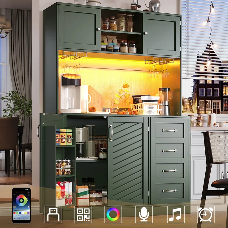 Seitenboard / Aufbewahrungsschrank / Küchenschrank / Buffetschrank, 120x40x188cm, mit LED-Beleuchtung, Snackregal & Getränkehaltern, 4 Türen & 2 große Schubladen, Grün/Schwarz/Weiß--Grün--120x40x188cm--YOUDENOVA – Bild 2