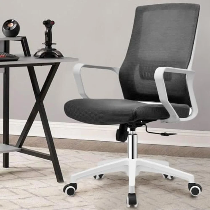 Shally Dogan Ergonomischer Drehstuhl mit Lendenwirbelstütze, Schreibtischstuhl, Arbeitszimmerstuhl, höhenverstellbar, stabile weiße Basis, schweißfeste Rückenlehne (schwarz) – Bild 3