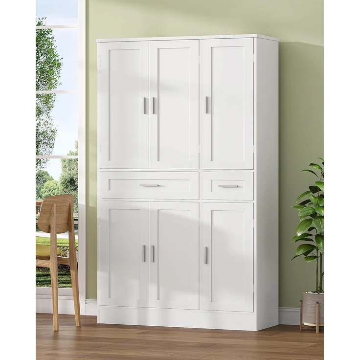 Buffetschrank, Küchenschrank mit 9-stufigem Türrückseiten-Regalsystem, Sideboard mit 6 Türen und 2 Großer Schublade, Modern Stil, Küche, Wohnzimmer, 40 x 92 x 180 cm, Weiß – Bild 3