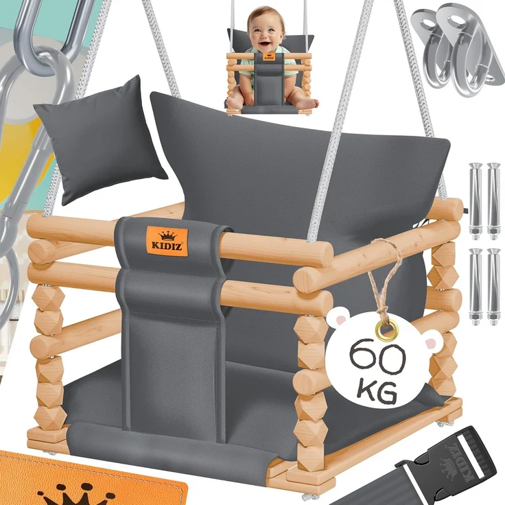 KIDIZ® Babyschaukel Kinderschaukel Schaukelsitz mit Polsterung | Holz-Schaukel mit Anti-Kipp bis 60KG | Höhenverstellbar Indoor & Outdoor | 0,5 - 3 Jahre | Montagezubehör & Sicherheitsgurt Anthrazit – Bild 1
