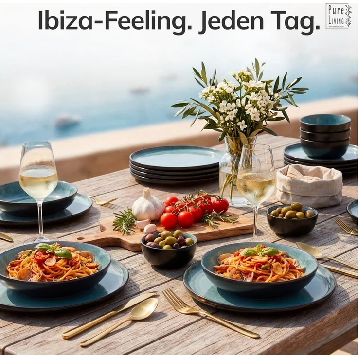 Steingut Suppenteller 6 Pers. Ibiza Hochwertiges Mediterranes TEST SEHR GUT Steingut Tiefe Teller Set - Kratzfest, Für Spülmaschine, Mikrowelle - Pasta Teller Tief Groß - Pure Living in Petrol – Bild 2