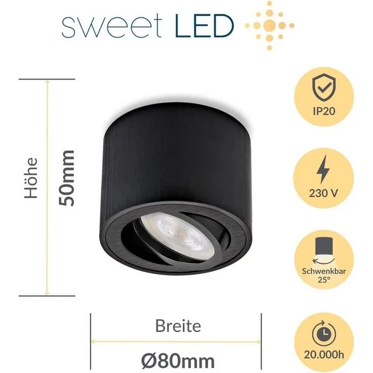 Sweet LED LED Aufbaustrahler 6er Set flache LED Aufbauspots - rund & schwenkbar, 5 W, 230V, LED wechselbar, Warmweiß, LED Deckenlampe, Deckenspot, Deckenstrahler – Bild 3