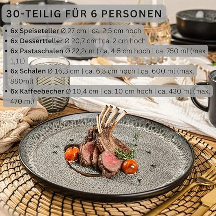 Sänger Sydney Kombiservice, 30-teiliges Geschirrset aus kratzfester Keramik in Grau, pflegeleicht für Essen & Trinken – Bild 2