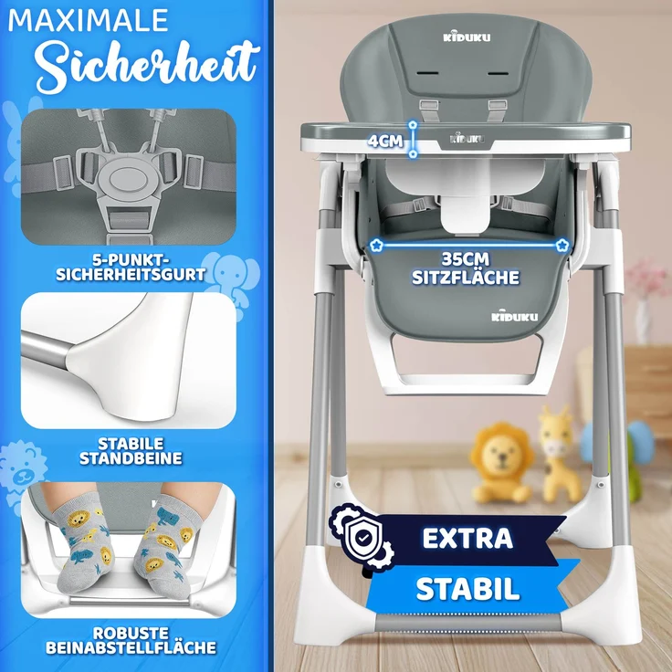 KIDUKU® Hochstuhl Baby 3in1 mit Neugeborenenaufsatz + Lätzchen, Spielbogen & Tisch | Kinderhochstuhl klappbar mit Liegefunktion | Kombihochstuhl höhenverstellbar | Babystuhl mitwachsend 0-36 Monate – Bild 10