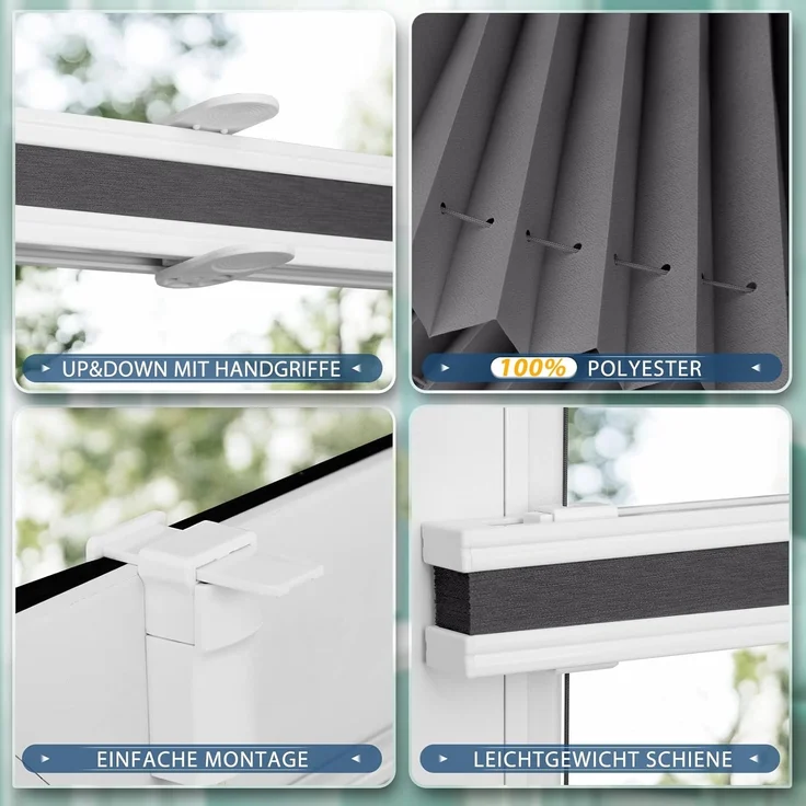 Sanfree Plissee Klemmfix Plisseerollo ohne Bohren Anthrazit B100 x H120cm inkl. Klemmträger Blickdicht und lichtdurchlässig Jalousie Faltrollo Sichtschutz und Sonnenschutz Rollo für Fenster & Tür – Bild 3