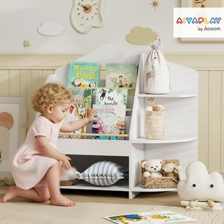 AIYAPLAY Kinderregal mit 7 Regalen, Bücherregal aus Holz 1-tlg, für Kinderzimmer, Spielzimmer, Weiß – Bild 2