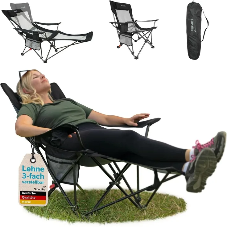 Skandika Campingstuhl Toras mit Fußablage, Faltbarer Liegestuhl, Klappsessel, Gartenstuhl, Liegefunktion, verstellbare Rückenlehne, Getränkehalter, Kopfkissen